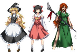 Rule 34 | 3girls, apron, black hair, blonde hair, bow, braid, breasts, detached sleeves, female focus, frilled apron, frilled skirt, frills, hair bow, hair tubes, hakurei reimu, hands on own hips, highres, hong meiling, kirisame marisa, large breasts, long hair, multiple girls, no headwear, open mouth, polearm, red eyes, short hair, side slit, simple background, single braid, skirt, smile, touhou, very long hair, weapon, white background, yagami (mukage)