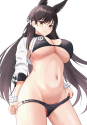Rule 34 | 1girl, absurdres, animal ears, atago (azur lane), atago (stunning speedster) (azur lane), azur lane, bad id, bad pixiv id, bikini, black bikini, black hair, blush, clothes writing, commentary, copyright name, cowboy shot, groin, highres, long hair, long sleeves, looking at viewer, mole, mole under eye, navel, official alternate costume, shrug (clothing), solo, standing, stomach, swimsuit, thighs, very long hair, wrist cuffs, yamamoto warabi, yellow eyes