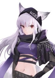 Rule 34 | 1girl, animal ears, arknights, crop top, e-bushi, ears through headwear, fox ears, fox girl, frostleaf (arknights), frostleaf (breaking the ice) (arknights), highres, long hair, looking at viewer, midriff, navel, official alternate costume, red eyes, simple background, solo, upper body, white background, white hair, woollen cap