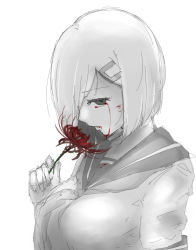 Rule 34 | 1girl, anego (natsume), blood, blood from mouth, blood on clothes, blood on face, bloody tears, breasts, commentary, crying, flower, greyscale, hair ornament, hairclip, hamakaze (kancolle), highres, holding, holding flower, kantai collection, looking at viewer, monochrome, neckerchief, parted lips, sailor collar, school uniform, serafuku, short hair, short sleeves, simple background, solo, spider lily, spot color, upper body, white background