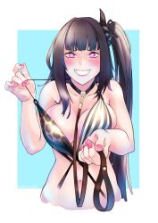 Rule 34 | 1girl, absurdres, architect (girls&#039; frontline), architect (nvw model) (girls&#039; frontline), bare shoulders, bdsm, bikini pull, black hair, blunt bangs, blush, breasts, clothes pull, collar, collarbone, girls&#039; frontline, giving, grin, highres, holding, holding leash, large breasts, leash, looking at viewer, nail polish, navel, pink eyes, pink nails, pov, sangvis ferri, side ponytail, sidelocks, slave, smile, solo, sugac