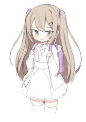 Rule 34 | 1girl, backpack, bag, blush, bow, brown hair, collared shirt, commentary, cropped legs, grey eyes, hair bow, hair ornament, hairclip, highres, jacket, kokone (coconeeeco), long hair, long sleeves, looking at viewer, open clothes, open jacket, original, parted lips, purple bow, shirt, simple background, skirt, sleeves past wrists, solo, symbol-only commentary, thighhighs, two side up, very long hair, wavy mouth, white background, white jacket, white shirt, white skirt, white thighhighs