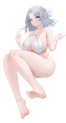 Rule 34 | 1girl, absurdres, aki hishi aana, armpit crease, ass, azur lane, bare arms, bare legs, bare shoulders, barefoot, bikini, blue eyes, bow, breasts, cleavage, closed mouth, collarbone, commentary request, dorsiflexion, feet, forehead, grey hair, hair bow, highres, huge breasts, medium hair, nail polish, official alternate costume, parted bangs, pink nails, senran kagura, simple background, smile, soles, solo, swimsuit, thighs, toes, white background, white bikini, white bow, yumi (afternoon teatime) (senran kagura), yumi (senran kagura)