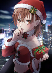 1girl aic_oekaki box brown_eyes brown_hair building city crop_top flower gift gift_box hair_flower hair_ornament hat highres holding holding_box long_sleeves medium_hair midriff misaka_mikoto navel night night_sky outdoors red_hat red_shirt santa_costume santa_hat shirt sky skyscraper solo toaru_kagaku_no_railgun toaru_majutsu_no_index upper_body