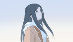 1girl black_hair closed_mouth commentary english_commentary expressionless green_eyes guri_gom hood hoodie jacket kuga_natsuki long_hair mixed-language_commentary my-hime orange_jacket outdoors sky solo upper_body white_hoodie