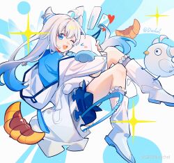 Rule 34 | 1girl, ahoge, bird, blue eyes, blue hair, blue shirt, blue shorts, boots, chinese commentary, commentary request, cone hair bun, croissant, dechel, food, full body, hair bun, hair horns, heart, highres, hug, jacket, knee boots, long hair, long sleeves, looking at viewer, mascot, mihoyo, miyouji, multicolored hair, one eye closed, open mouth, shirt, shorts, smile, solo, sparkle, streaked hair, twitter username, watermark, white background, white footwear, white hair, white jacket