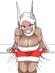 Rule 34 | 1girl, :d, absurdres, animal ears, bare shoulders, boku no hero academia, breasts, cleavage, dark-skinned female, dark skin, dress, fur-trimmed dress, fur-trimmed gloves, fur collar, fur trim, gloves, grin, highres, large breasts, leaning forward, long eyelashes, long hair, looking at viewer, mirko, muscular, muscular female, open mouth, parted bangs, rabbit ears, rabbit girl, raised eyebrow, red dress, red eyes, red gloves, santa dress, sitting, smallsoud, smile, solo, strapless, strapless dress, teeth, thighs, very long hair, white hair