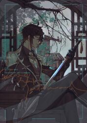 Rule 34 | 1boy, almoonnn, architecture, black pants, branch, brown hair, brown jacket, brown vest, building, crossed legs, desk, east asian architecture, genshin impact, highres, holding, holding sword, holding weapon, indoors, jacket, lapels, looking at object, male focus, necktie, on chair, open clothes, open jacket, pants, parted lips, shirt, sitting, solo, sword, teeth, tree, vest, weapon, white necktie, white shirt, zhongli (genshin impact)