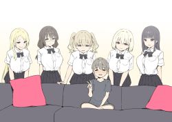 Rule 34 | 1boy, 5girls, :&gt;, :q, = =, absurdres, age difference, black hair, black neckwear, black skirt, blonde hair, blue eyes, bow, bowtie, breasts, brown eyes, child, closed eyes, commentary, couch, dress shirt, embarrassed, glasses, green eyes, grey hair, hair between eyes, hair ornament, hairclip, highres, imminent rape, large breasts, leaning forward, legs, long hair, looking at another, meme, multiple girls, naughty face, onee-shota, original, parody, parted lips, pillow, piper perri surrounded (meme), pleated skirt, purple eyes, shirt, short hair, short sleeves, simple background, sitting, skirt, sky-freedom, smile, standing, tented shirt, thighs, tongue, tongue out, twintails, v, very long hair, white shirt