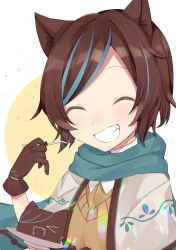 Rule 34 | 1girl, ^ ^, abe suke, absurdres, animal ear fluff, animal ears, beige background, blue hair, blue scarf, brown gloves, brown hair, brown shirt, capelet, chocolate, closed eyes, copyright request, facing viewer, gloves, grey capelet, grin, highres, holding, holding plate, holding spoon, multicolored hair, plate, scarf, shirt, smile, solo, spoon, streaked hair, sweater vest, swept bangs, two-tone background, upper body, virtual youtuber, white background