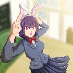 Rule 34 | absurdres, animal ears, highres, ijiranaide nagatoro-san, purple hair, rabbit ears, rabbit pose, school uniform, sunomiya hana, vadamecox
