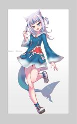 Rule 34 | 1girl, absurdres, animal ear fluff, animal ears, blue hair, border, cat ears, character name, chinese commentary, chund, fins, fish tail, gawr gura, gawr gura (1st costume), grey border, head tilt, highres, hololive, hololive english, hood, hoodie, kemonomimi mode, medium hair, multicolored hair, no pants, open hand, open mouth, scar, shark tail, sharp teeth, silver hair, smile, solo, streaked hair, tail, teeth, two side up, virtual youtuber