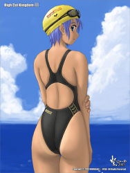 Rule 34 | 1girl, 2003, arena (company), ass, back, back cutout, blue sky, blush, clothing cutout, competition swimsuit, curvy, dated, goggles, goggles on head, green eyes, highleg, highleg swimsuit, looking at viewer, looking back, nyanko batake, ocean, one-piece swimsuit, purple hair, sky, swim cap, swimsuit, tan, tanline, water