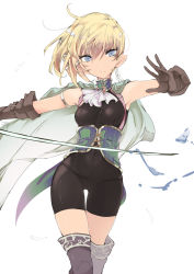 Rule 34 | 1girl, armpits, bad id, bad pixiv id, blonde hair, blue eyes, bodysuit, boots, breasts, brown gloves, cape, covered navel, elbow gloves, elf, gloves, highres, holding, holding sword, holding weapon, original, pantylines, pointy ears, short hair, simple background, small breasts, smile, solo, sword, thigh boots, thighhighs, touma kisa, weapon, white background