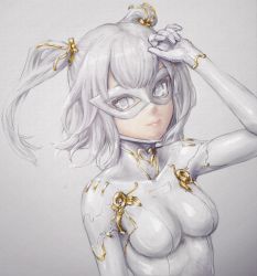 Rule 34 | 1girl, bodysuit, commentary request, gold trim, grey background, hand on own head, highres, looking at viewer, mask, original, science fiction, short twintails, skin tight, smile, solo, twintails, white bodysuit, white eyes, white hair, white mask, white theme, yumikoyama49