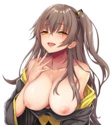 Rule 34 | 1girl, alternate breast size, bad id, bad pixiv id, bare shoulders, blush, breasts, brown hair, cleavage, clothes pull, collarbone, commentary request, crossed bangs, derivative work, eyes visible through hair, girls&#039; frontline, hair between eyes, hair ornament, half-closed eyes, hand up, heifetz, jacket, jacket pull, large breasts, long hair, looking at viewer, nipples, off shoulder, one side up, open mouth, scar, scar across eye, scar on face, sidelocks, simple background, smile, ump45 (girls&#039; frontline), white background, yellow eyes