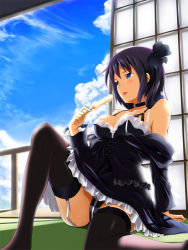 Rule 34 | 1girl, arm support, bad id, bad pixiv id, bare shoulders, blue eyes, bow, breasts, choker, cleavage, cloud, day, dress, ero lolita, food, frills, garter straps, gothic lolita, hair bow, hat, hot, koikeya, large breasts, lolita fashion, long hair, off shoulder, original, panties, popsicle, purple hair, sitting, sky, solo, sweat, thighhighs, underwear, zettai ryouiki
