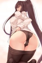 Rule 34 | 1girl, :q, akitsuki karasu, ass, ass shake, bent over, black panties, black pantyhose, blush, breasts, brown hair, brown panties, brown pantyhose, clothes lift, clothes pull, covered erect nipples, gradient background, highres, kneeling, kurochijo, large breasts, long hair, motion lines, no shoes, panties, pantyhose, pantyhose pull, partially visible vulva, ponytail, profile, pussy, pussy peek, red eyes, smile, solo, sweater, sweater lift, tongue, tongue out, tsurime, turtleneck, turtleneck sweater, underwear, very long hair, white background, white sweater