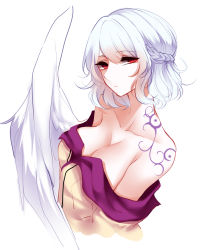 Rule 34 | 1girl, absurdres, bad id, bad pixiv id, bare shoulders, braid, breasts, cleavage, closed mouth, collarbone, expressionless, feathered wings, french braid, from side, half updo, highres, kishin sagume, large breasts, looking at viewer, looking to the side, nose, off shoulder, red eyes, sheya, short hair, simple background, single wing, solo, tattoo, touhou, upper body, white background, white hair, white wings, wings
