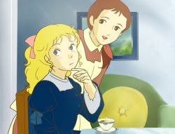 Rule 34 | 2girls, aged up, ai no wakakusa monogatari, amy march, blonde hair, bow, brown hair, cup, elizabeth march, framed image, hair bow, ishigamirin, multiple girls, official style, picture frame, siblings, sideways glance, sisters, smile, teacup, world masterpiece theater