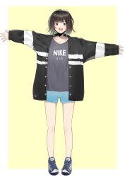 Rule 34 | 1girl, :d, black jacket, blue footwear, brown eyes, brown hair, clothes writing, commentary, full body, grey shirt, highres, jacket, long sleeves, looking at viewer, mole, mole under mouth, open clothes, open jacket, open mouth, original, outstretched arms, oversized clothes, shirt, shoes, short hair, short shorts, shorts, simple background, smile, solo, spread arms, standing, suzuharu toufu, yellow background
