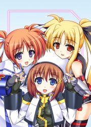 Rule 34 | 3girls, armor, bare shoulders, blonde hair, blue eyes, blush, breasts, brown hair, dress, fate testarossa, fate testarossa (true sonic form), fingerless gloves, gloves, hat, holding hands, long hair, lyrical nanoha, mahou shoujo lyrical nanoha, mahou shoujo lyrical nanoha a&#039;s, mahou shoujo lyrical nanoha the movie 2nd a&#039;s, multiple girls, murasaki atsushi, open mouth, puffy sleeves, purple eyes, red eyes, short hair, smile, takamachi nanoha, takamachi nanoha (exceed mode), thighhighs, twintails, yagami hayate