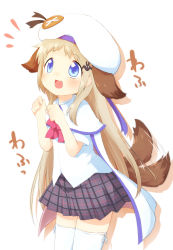 Rule 34 | 1girl, :d, animal ears, ayakashi (monkeypanch), bad id, bad pixiv id, blonde hair, blue eyes, blush, dog ears, dog tail, fang, hat, highres, little busters!, looking at viewer, noumi kudryavka, open mouth, skirt, smile, solo, tail, tail wagging, thighhighs, translation request, white background, white thighhighs