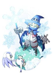 Rule 34 | 1boy, absurdres, bbb (fabio8552), blue cape, boots, brown hair, cape, commentary, crescent, digimon, digimon (creature), from above, gloves, green eyes, hat, highres, looking at viewer, magic, short hair, skull, smile, snowflakes, tail, tail ornament, tail ring, tailmon, torn cape, torn clothes, wizard hat, wizarmon