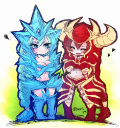 Rule 34 | 2girls, :&lt;, anivia, armor, blue eyes, blue footwear, blue hair, blush, boots, breasts, cleavage, colored skin, crossed arms, dual persona, closed eyes, female focus, frown, gem, grey skin, hair between eyes, hands on own chest, happy, headgear, headpiece, heart, hip focus, annoyed, knees together feet apart, league of legends, long hair, midriff, multiple girls, navel, open mouth, otani (kota12ro08), personification, ponytail, red footwear, red hair, shyvana, smile, very long hair