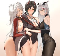 Rule 34 | 3girls, absurdres, aegir (azur lane), ass, asymmetrical jacket, azur lane, bare back, bare shoulders, black gloves, black jacket, black skirt, blush, bodystocking, breast curtains, breast strap, breasts, cleavage, covering privates, covering crotch, demon horns, elbow gloves, from side, gloves, gradient background, hair between eyes, hair on horn, highres, horns, jacket, large breasts, long hair, mechanical horns, microskirt, mole, mole on breast, multicolored hair, multiple girls, ningri (lianyungangwyz), no legwear, no panties, partially undressed, prinz eugen (azur lane), red hair, red horns, short hair, sideboob, simple background, skirt, streaked hair, two-tone hair, ulrich von hutten (azur lane), undressing another, very long hair, white background, white hair, yellow eyes