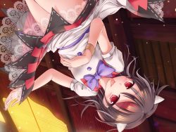 Rule 34 | 1girl, black hair, grey horns, highres, horns, kijin seija, lzh, multicolored hair, no panties, red eyes, solo, tongue, tongue out, touhou, upside-down