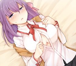 Rule 34 | 1girl, blush, breasts, cleavage, fate/stay night, fate (series), hair ribbon, jirou (tamaho39), large breasts, long hair, long sleeves, lying, matou sakura, off shoulder, on back, open mouth, purple eyes, purple hair, red ribbon, ribbon, shirt, solo, vest, white shirt