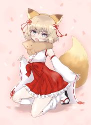 Rule 34 | 1girl, alternate costume, animal ears, black footwear, blonde hair, blue eyes, blush, commentary, detached sleeves, fake animal ears, fake tail, fang, fox ears, fox tail, frilled skirt, frills, frown, fur scarf, girls und panzer, hair ornament, high-waist skirt, katyusha (girls und panzer), kneeling, looking at viewer, loose socks, miniskirt, momochi (mmc cmm), nontraditional miko, open mouth, petals, pink background, red skirt, ribbon-trimmed legwear, ribbon-trimmed sleeves, ribbon trim, sandals, shadow, shirt, short hair, skirt, sleeveless, sleeveless shirt, socks, solo, stuffed fox, tail, white shirt, white socks, wide sleeves