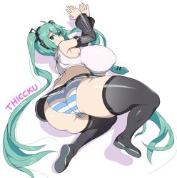 Rule 34 | 1girl, aqua legwear, ass, ass focus, black legwear, breasts, butt crack, close-up, from behind, gloves, hatsune miku, huge ass, huge breasts, looking at viewer, panties, pantyshot, simple background, sinensian, skindentation, skirt, solo, striped, striped legwear, thick thighs, thighhighs, thighs, underwear, vocaloid, white background, wide hips