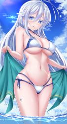 Rule 34 | 1girl, 86 -eightysix-, bikini, blue eyes, blush, breasts, cleavage, highres, large breasts, long hair, looking at viewer, parted lips, smile, solo, swimsuit, thighhighs, towel, uma cha (teatime), underboob, underwear, vladilena millize, white hair