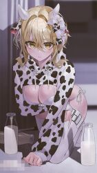 Rule 34 | 1girl, absurdres, alternate costume, animal ears, animal print, arm under breasts, blonde hair, blurry, blurry background, blush, bottle, bra, censored, closed mouth, commentary, cow ears, cow horns, cow print, fake animal ears, flower, genshin impact, glass bottle, hair between eyes, hair flower, hair intakes, hair ornament, highres, horns, indol, leaning forward, long sleeves, looking at viewer, lumine (genshin impact), milk bottle, mosaic censoring, panties, puffy long sleeves, puffy sleeves, short hair, short hair with long locks, shrug (clothing), side-tie panties, solo, thighhighs, underwear, white bra, white flower, white panties, white thighhighs, yellow eyes
