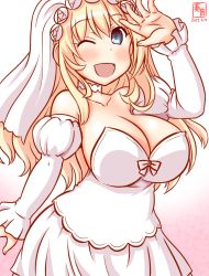 Rule 34 | 1girl, alternate costume, artist logo, atago (kancolle), blonde hair, blue eyes, breasts, bridal veil, bride, cleavage, commentary request, cowboy shot, dated, detached sleeves, dress, flower, gradient background, gradient legwear, hair between eyes, head wreath, kanon (kurogane knights), kantai collection, large breasts, long hair, looking at viewer, off-shoulder dress, off shoulder, one-hour drawing challenge, one eye closed, open mouth, pink background, rose, simple background, solo, standing, strapless, strapless dress, veil, wedding dress, white background, white dress, white flower, white rose
