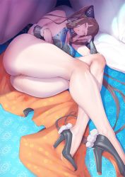 Rule 34 | 1girl, ass, bare shoulders, blue eyes, breasts, brown hair, cleavage, commentary request, detached sleeves, fate (series), feet, high heels, ion (cation), large breasts, long hair, lying, on side, pussy juice, solo, thick thighs, thighs, twintails, yang guifei (fate), yang guifei (second ascension) (fate)