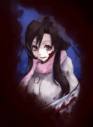 Rule 34 | 00s, 1girl, black hair, blood, blood on clothes, blood on face, dark background, empty eyes, hatchet, highres, holding, holding weapon, hoshibuchi, katsura kotonoha, long hair, looking at viewer, nata (tool), scarf, school days, smile, weapon, winter clothes, yandere