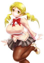 Rule 34 | 10s, 1girl, blonde hair, blush, breasts, drill hair, huge breasts, large breasts, long hair, mahou shoujo madoka magica, mahou shoujo madoka magica (anime), moriichi, pantyhose, school uniform, simple background, skirt, smile, solo, tomoe mami, twin drills, twintails, white background, yellow eyes