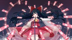 Rule 34 | 1girl, absurdres, alicedaina, ascot, black hair, bow, breasts, commentary request, detached sleeves, frilled bow, frilled hair tubes, frills, hair bow, hair tubes, hakurei reimu, highres, long hair, medium breasts, microphone, microphone stand, music, ofuda, open mouth, red bow, red eyes, red skirt, ribbon-trimmed sleeves, ribbon trim, see-through, see-through sleeves, singing, skirt, skirt set, solo, touhou, very long hair, yellow ascot