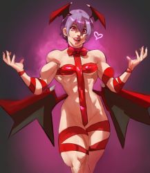 Rule 34 | 1girl, abs, capcom, dlusionalx, earrings, fingernails, heart, highres, jewelry, lipstick, long fingernails, makeup, muscular, muscular female, nail polish, purple hair, red eyes, red nails, ribbon, thick thighs, thighs, vampire (game), wings