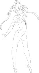 Rule 34 | 1girl, absurdres, flat chest, greyscale, highres, kana ria, lineart, long hair, monochrome, original, simple background, solo, thighhighs, tiptoes, white background