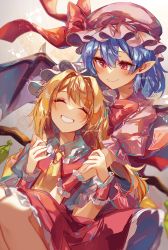 Rule 34 | 2girls, absurdres, ascot, ayatsuki sugure, bat wings, blonde hair, blouse, blue hair, blush, bow, bowtie, closed mouth, collared shirt, crystal, closed eyes, flandre scarlet, frilled skirt, frilled sleeves, frills, grin, hair between eyes, happy, hat, hat ribbon, highres, holding hands, hug, hug from behind, looking at another, medium hair, mob cap, multiple girls, pink headwear, pink shirt, pointy ears, puffy short sleeves, puffy sleeves, red bow, red bowtie, red eyes, red ribbon, red skirt, red vest, remilia scarlet, ribbon, shirt, short hair, short sleeves, siblings, sisters, skirt, skirt set, smile, teeth, touhou, twitter username, vest, white shirt, wings, wrist cuffs, yellow ascot