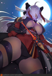 Rule 34 | 1girl, ahoge, arm guards, black bow, bow, breasts, cherry blossoms, cleavage cutout, clothing cutout, dark-skinned female, dark skin, fate/grand order, fate (series), from below, hair between eyes, hair bow, hair over one eye, high collar, holding, holding sword, holding weapon, ion (cation), katana, large breasts, long hair, looking at viewer, looking down, moon, night, night sky, okita souji (fate), okita souji alter (fate), parted lips, patreon username, sky, solo, sword, tassel, thick thighs, thigh strap, thighs, weapon, white hair, yellow eyes