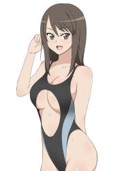 Rule 34 | 10s, 1girl, black hair, blush, breasts, brown eyes, cleavage, girls und panzer, highleg, highleg swimsuit, highres, kagemusha, large breasts, long hair, mika (girls und panzer), navel, open mouth, solo, standing, swimsuit, underboob