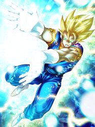 Rule 34 | 1boy, absurdres, artist request, blonde hair, character name, dragon ball, dragonball z, fusion, green eyes, highres, smile, super saiyan, toei animation, vegetto, vegito