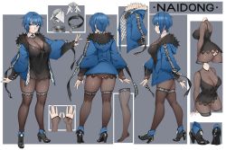 Rule 34 | 1girl, arms at sides, ass, ass cutout, bad id, bad twitter id, black dress, black footwear, black thighhighs, blue coat, blue eyes, blue hair, blunt bangs, blush, bodystocking, borrowed character, breasts, character sheet, cleavage, closed mouth, clothes writing, clothing cutout, coat, commentary request, dress, feather trim, from behind, from side, full body, grey background, high heels, highres, impossible clothes, large breasts, long sleeves, multiple views, naidong, naidong (artist), open clothes, open coat, original, profile, puffy long sleeves, puffy sleeves, short hair, smile, thighhighs, two-tone background, walking, wing collar