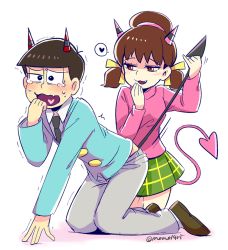 Rule 34 | 10s, 1boy, 1girl, all fours, bad id, bad twitter id, blush, bowl cut, brown hair, demon horns, demon tail, fang, formal, hair ribbon, hairband, half-closed eyes, hand to own mouth, heart, heart in mouth, horns, kneeling, matsuno osomatsu, mone (14ri0000), osomatsu-kun, osomatsu-san, red eyes, ribbon, short hair, short twintails, simple background, smirk, spoken heart, suit, tail, tail pull, tearing up, trembling, turtleneck, twintails, twitter username, uncommon stimulation, white background, yowai totoko