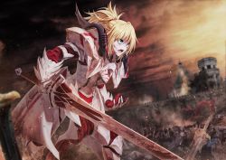 Rule 34 | 1girl, armor, bad id, bad pixiv id, bae.c, blonde hair, blood, blood on face, blurry, blurry background, blurry foreground, breastplate, building, clarent (fate), cloud, cloudy sky, commentary request, depth of field, fate/apocrypha, fate (series), full armor, gauntlets, green eyes, hair between eyes, hair ornament, hair scrunchie, high ponytail, holding, holding sword, holding weapon, looking away, mordred (fate), mordred (fate/apocrypha), open mouth, planted, planted sword, planted weapon, ponytail, red scrunchie, scrunchie, sky, solo, standing, sword, v-shaped eyebrows, wall, weapon